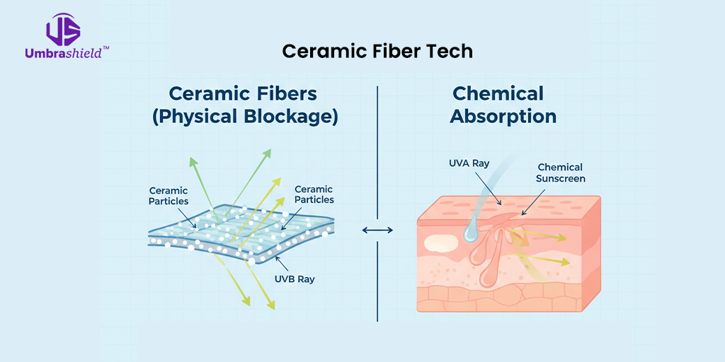 Infographic comparing ceramic-infused uv protection scarf technology against chemical sunscreen absorption for 98 percent UV blockage.