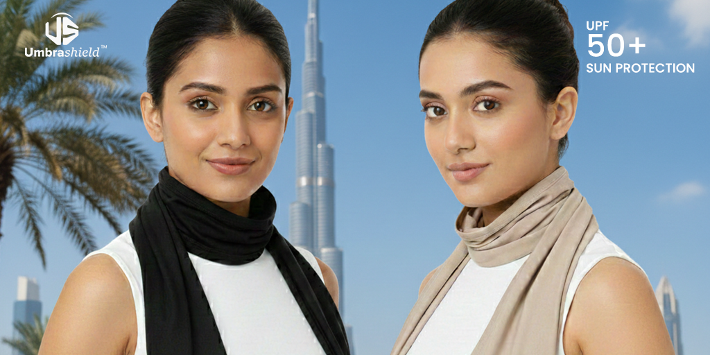 A global montage of women wearing Umbrashield uv protection scarves in Mumbai, New York, and Dubai for aesthetic sun safety.