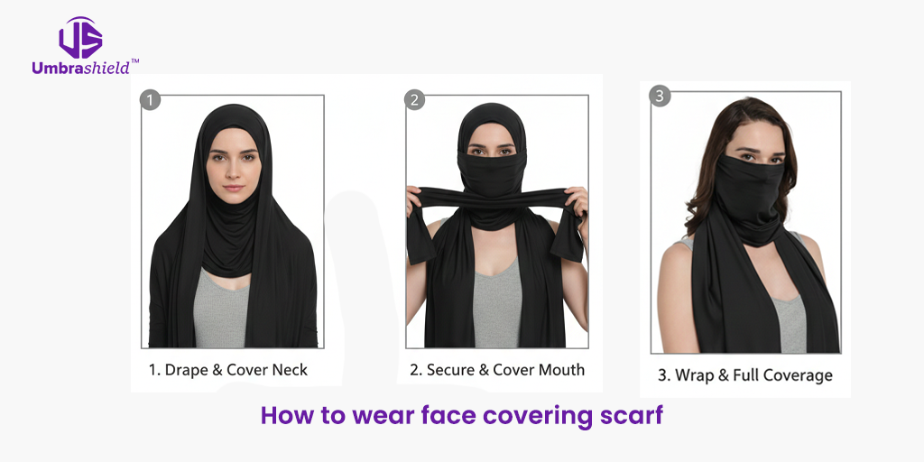 Step-by-step tutorial on how to style a face covering scarf for maximum sun protection after a chemical peel or microneedling.
