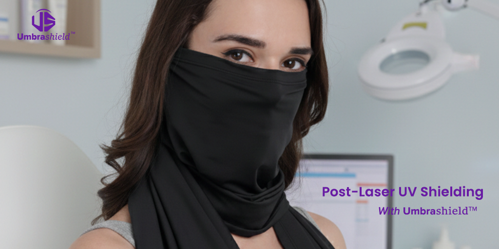 A woman wearing a premium Umbrashield sun protection scarf in a dermatology clinic for post-laser skin recovery and UV shielding.
