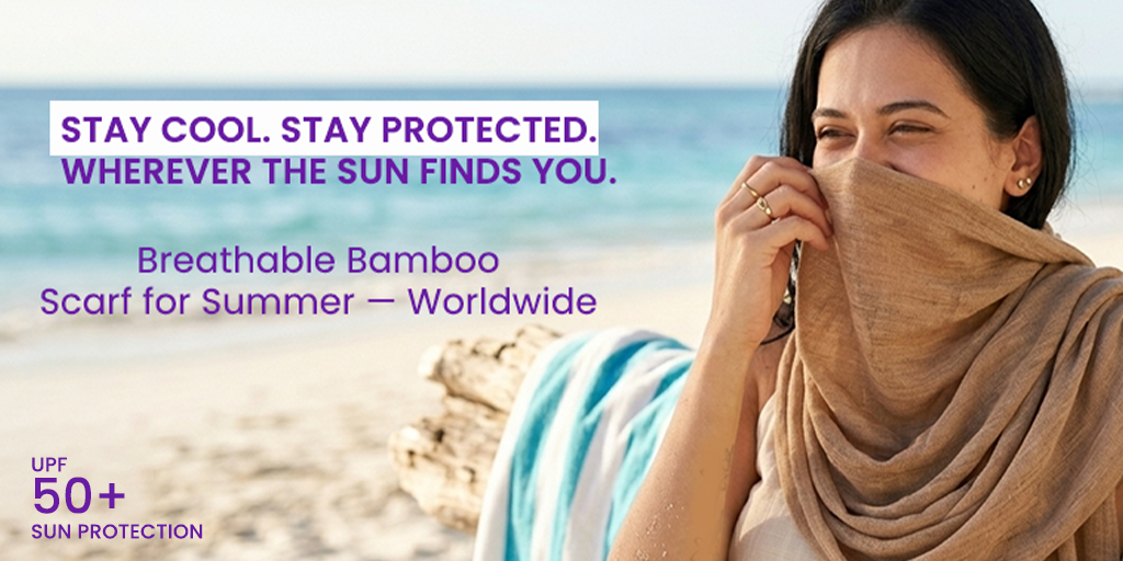 Woman wearing a sustainable bamboo scarf as UV sun protection in summer heat — worldwide