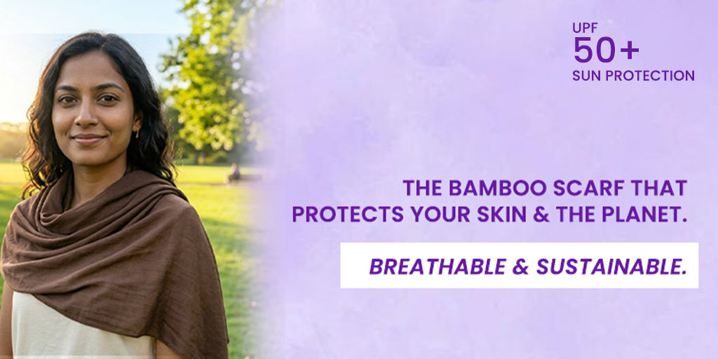 Woman wearing a lightweight eco-friendly bamboo scarf for UV sun protection outdoors