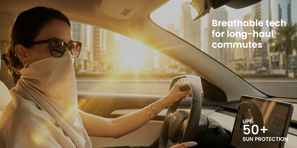 How to wear a face covering scarf for driving comfort and sun safety.