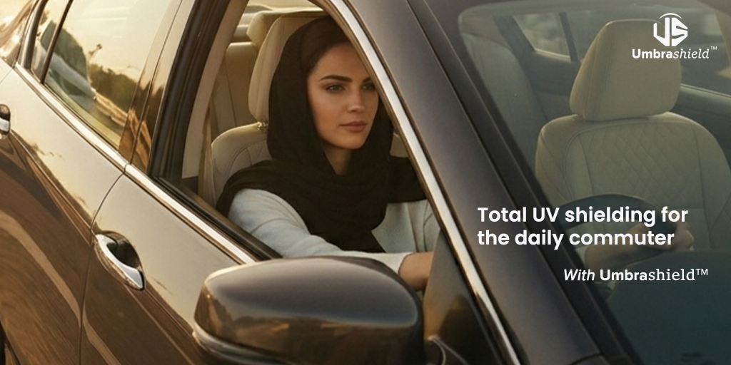 A woman using a face scarf for sun protection while driving to prevent asymmetrical skin aging