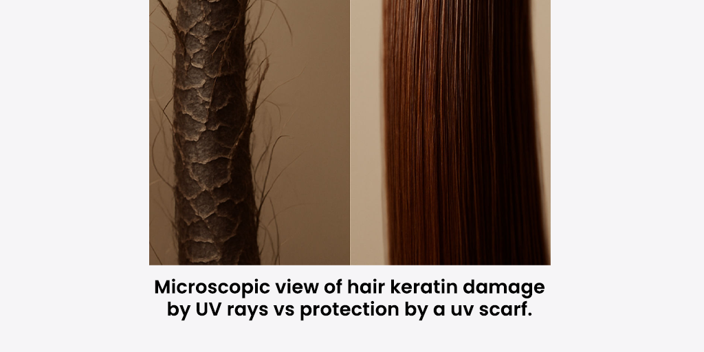 Microscopic view of hair keratin damage by UV rays vs protection by a uv scarf