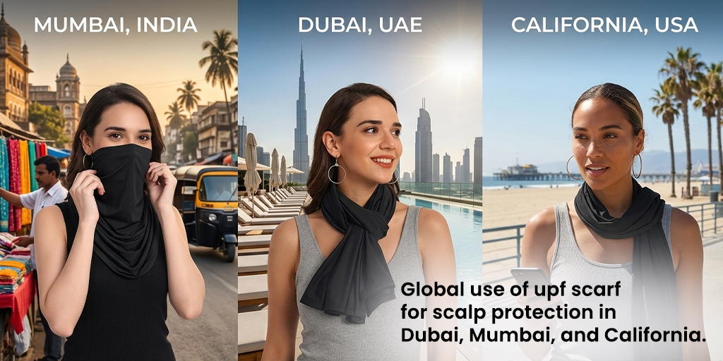 Global use of upf scarf for scalp protection in Dubai, Mumbai, and California