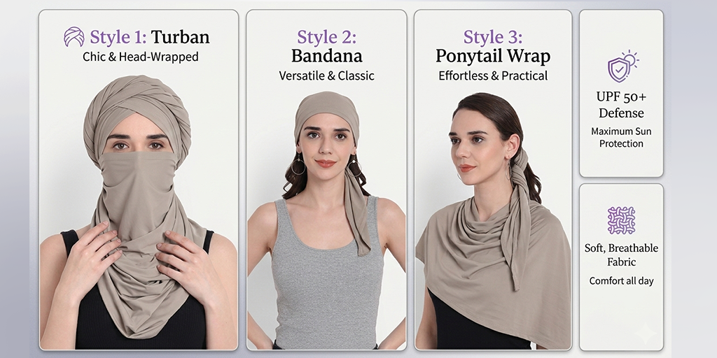 Styling a sun scarf for full hair and scalp coverage in various aesthetic ways
