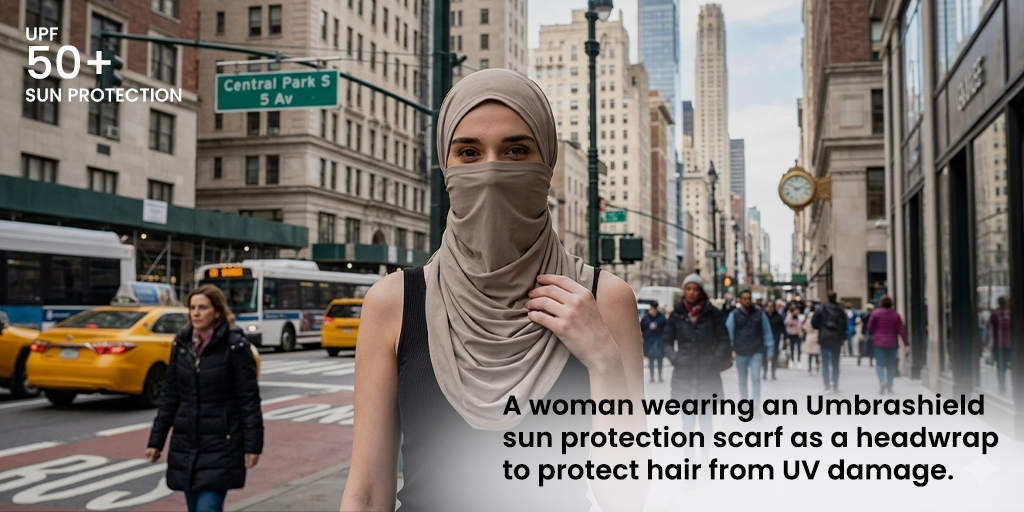 A woman wearing an Umbrashield sun protection scarf as a headwrap to protect hair from UV damage