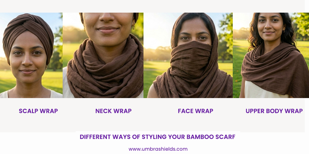 4 ways to wear a bamboo scarf for sun protection — neck wrap, head wrap, face cover, shoulder drape