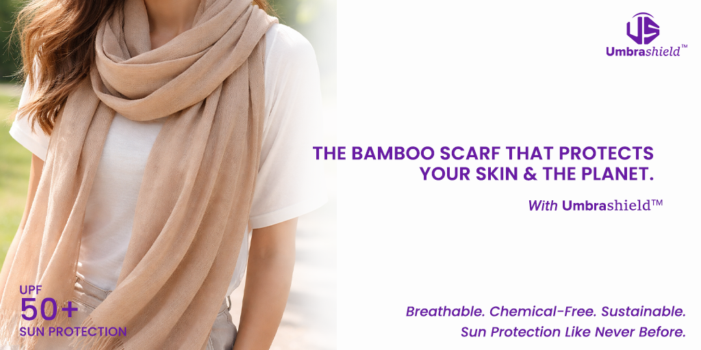 Woman wearing eco-friendly UPF 50+ bamboo scarf for sun protection outdoors — lightweight breathable sustainable